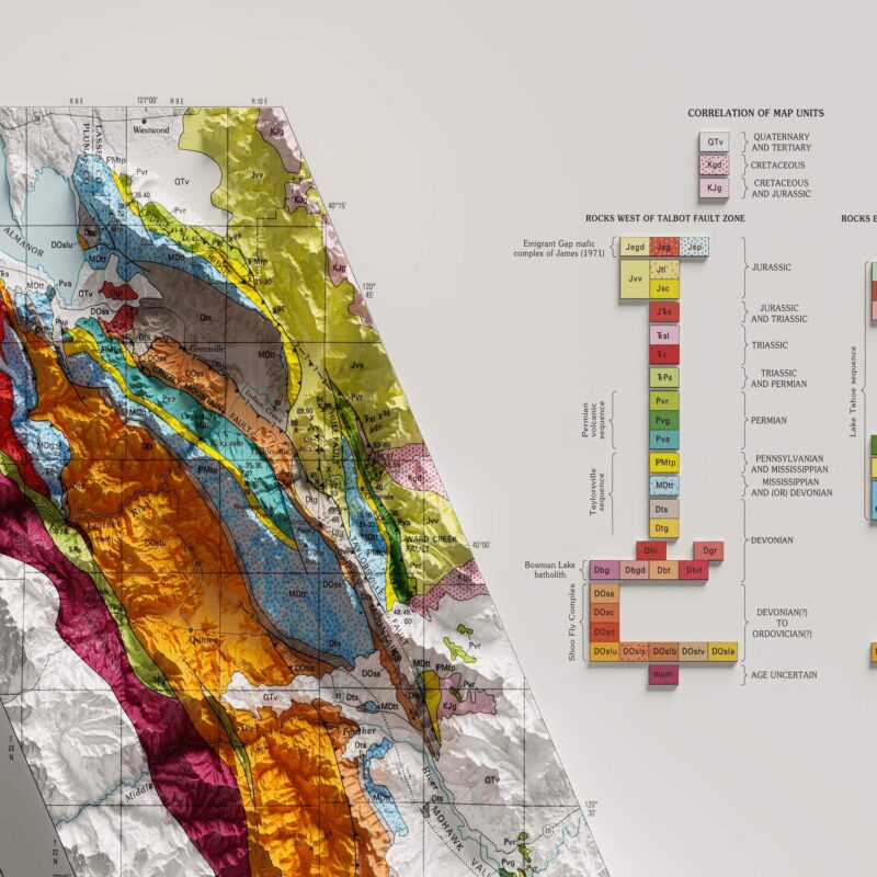 Sierra Nevada Map 1992, Geology :Shaded relief map – flat print (not a 3D raised map)