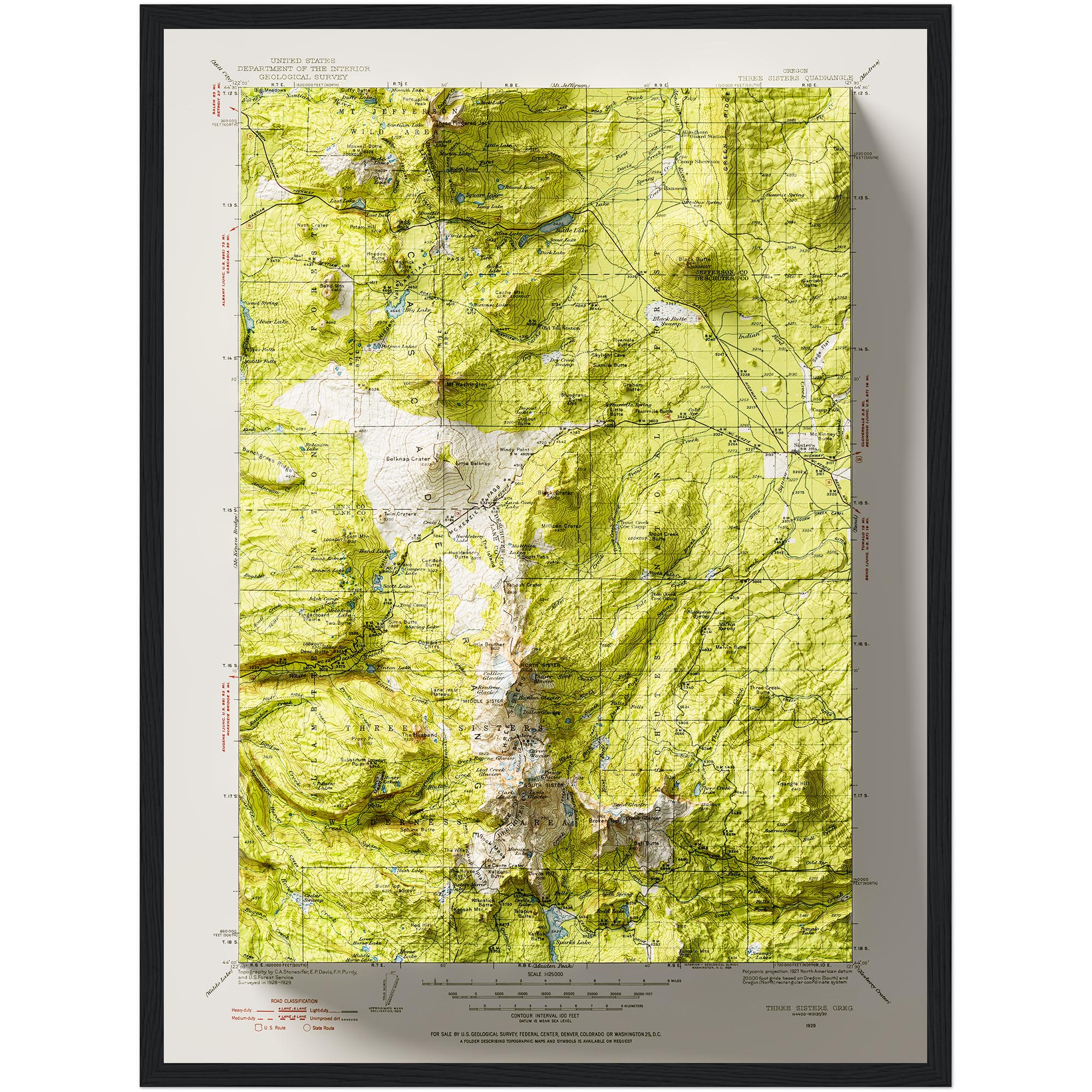 Three Sisters (Oregon) Mountains Map 1929, Topography :Shaded relief map – flat print (not a 3D raised map)