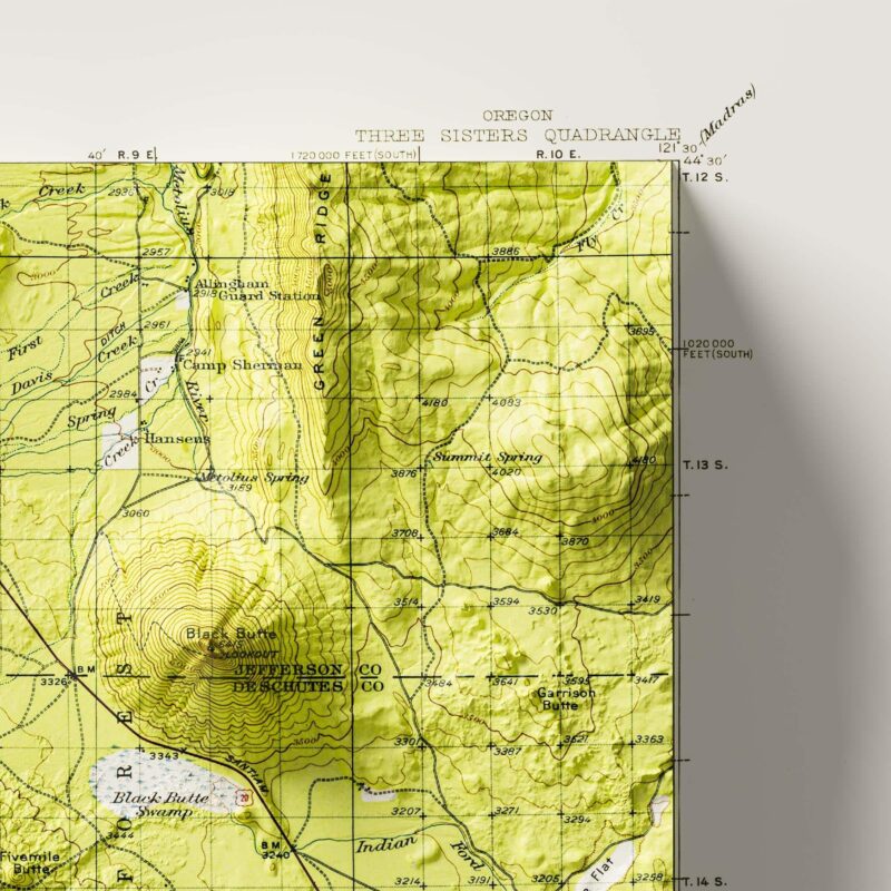 Three Sisters (Oregon) Mountains Map 1929, Topography :Shaded relief map – flat print (not a 3D raised map)