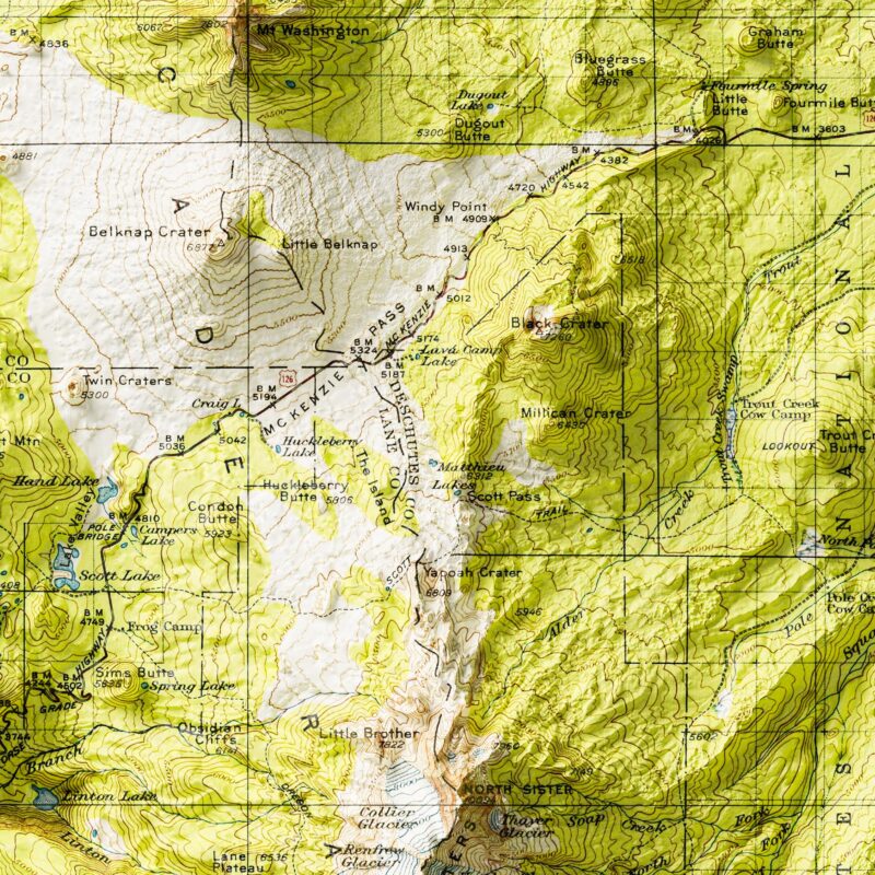Three Sisters (Oregon) Mountains Map 1929, Topography :Shaded relief map – flat print (not a 3D raised map)