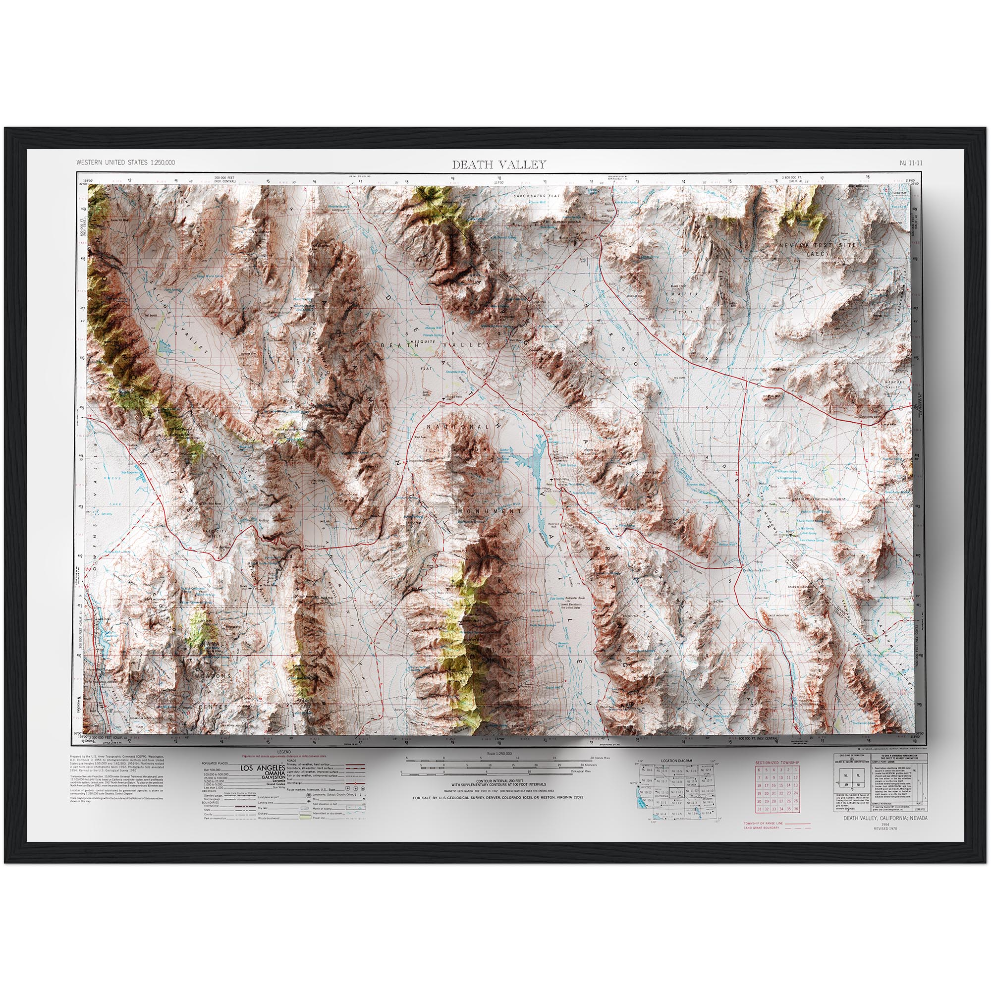 Death Valley  Map 1954, Topography :Shaded relief map – flat print (not a 3D raised map)