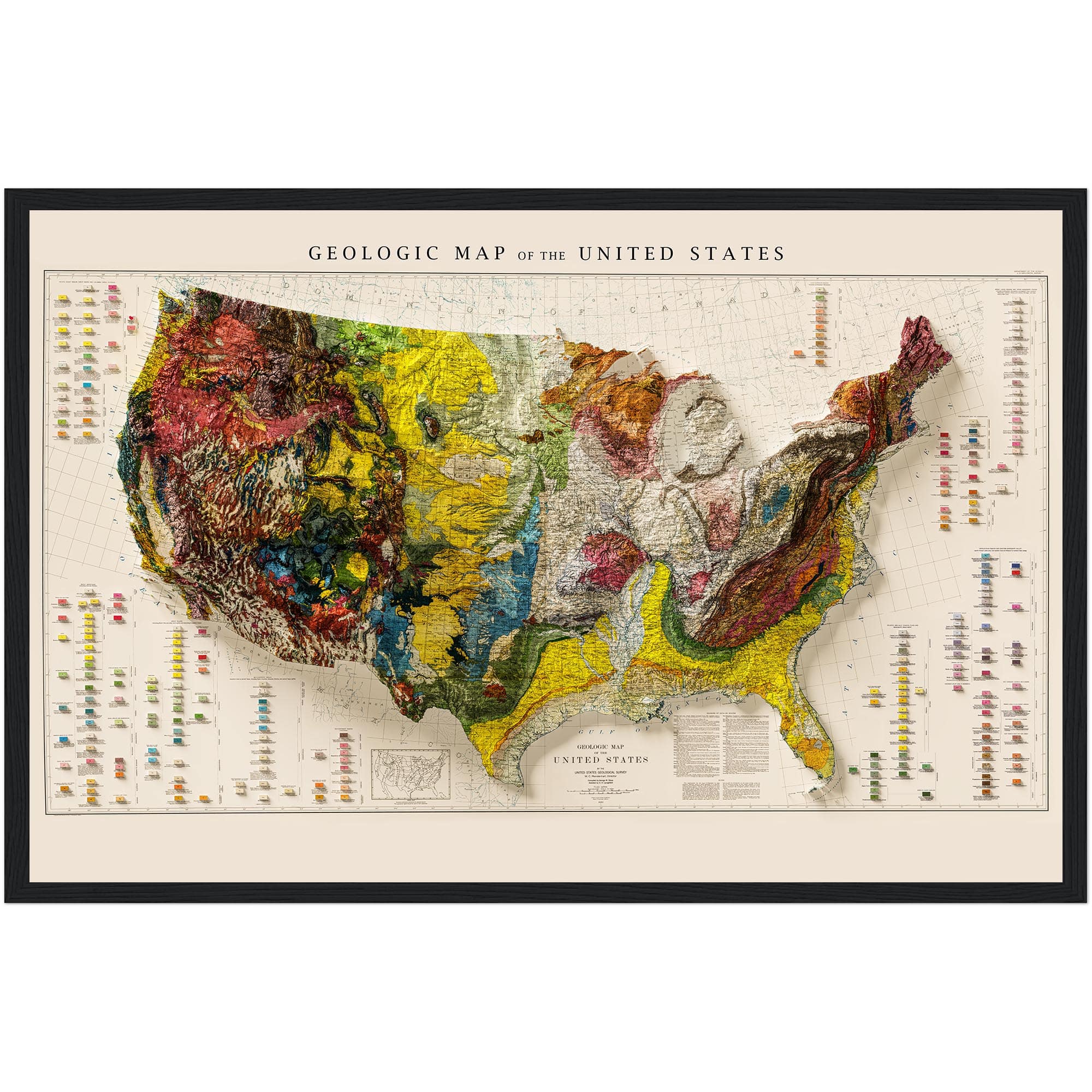 USA Map 1932, Geology :Shaded relief map – flat print (not a 3D raised map)