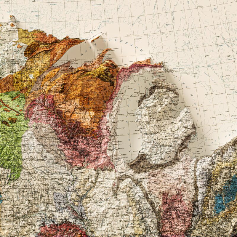 USA Map 1932, Geology :Shaded relief map – flat print (not a 3D raised map)