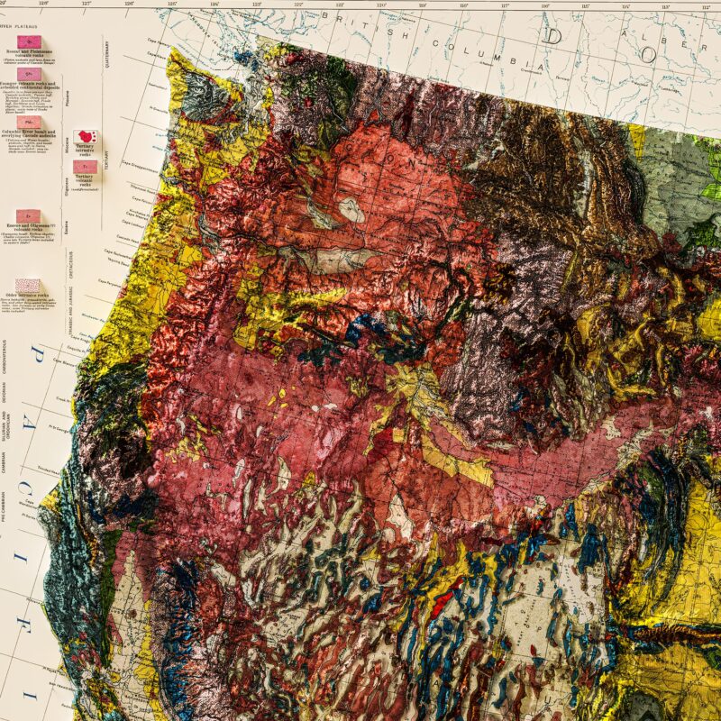 USA Map 1932, Geology :Shaded relief map – flat print (not a 3D raised map)