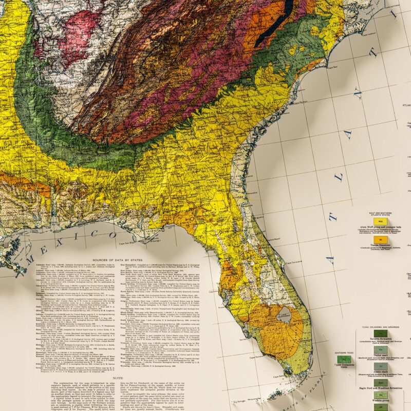 USA Map 1932, Geology :Shaded relief map – flat print (not a 3D raised map)