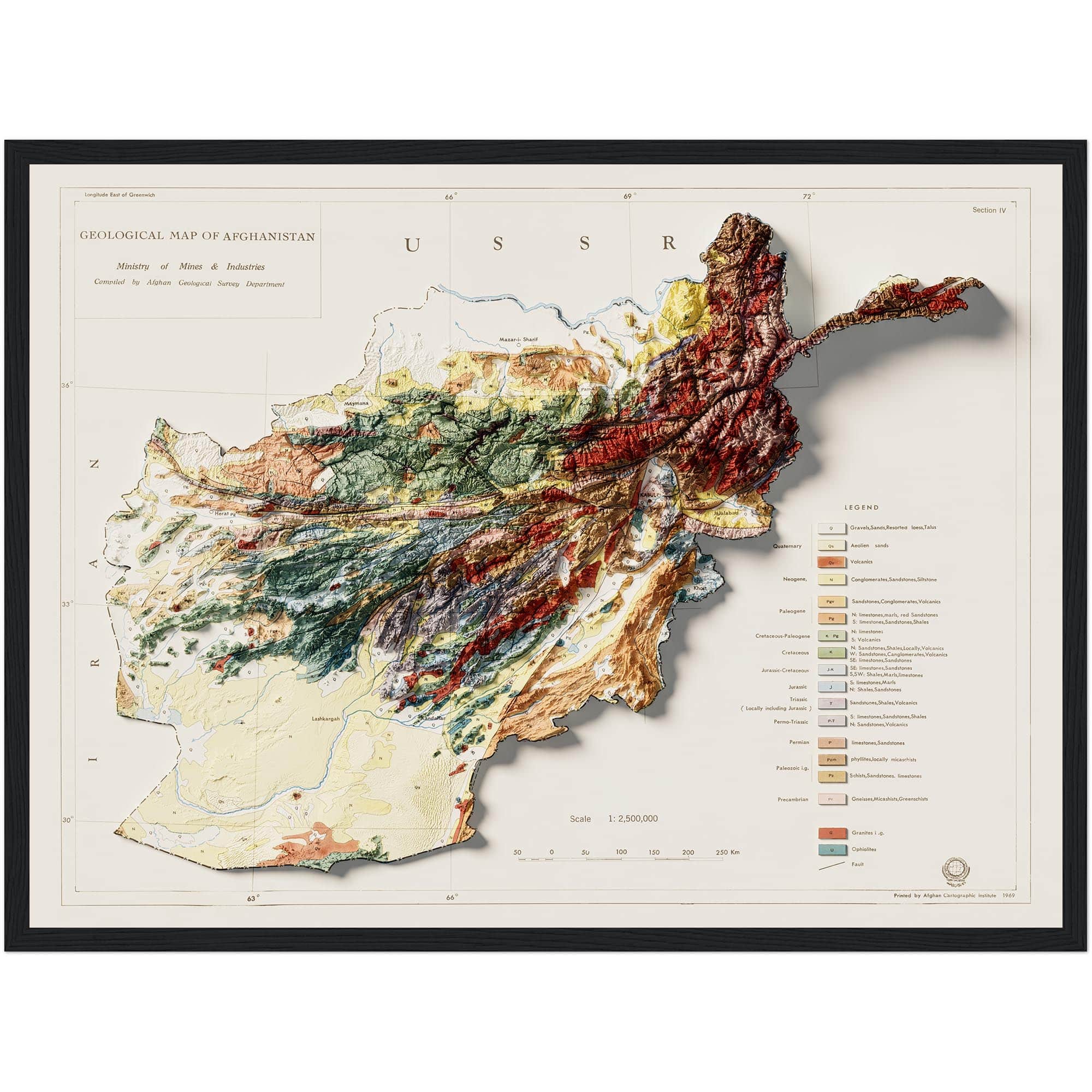Afghanistan 1969, Geology :Shaded relief map – flat print (not a 3D raised map)