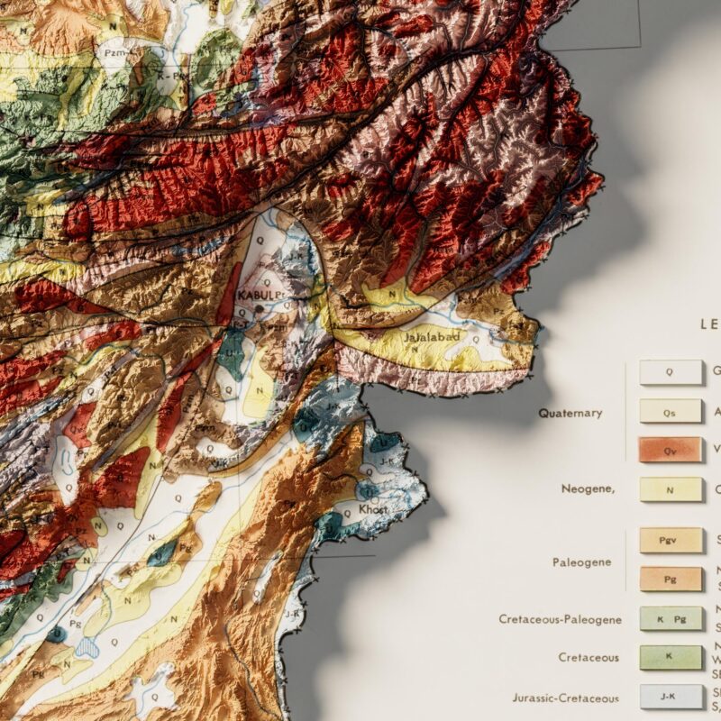 Afghanistan 1969, Geology :Shaded relief map – flat print (not a 3D raised map)