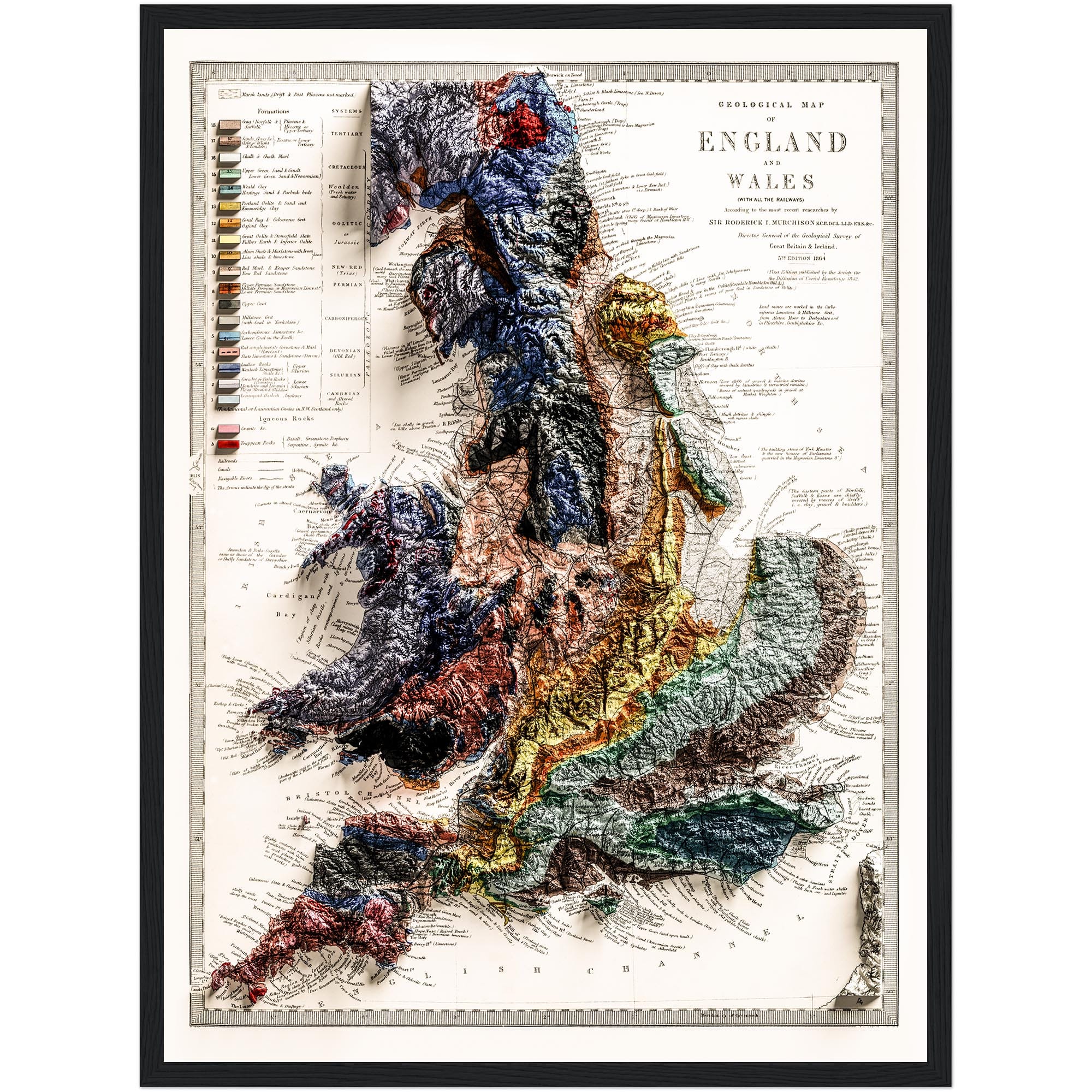 England And Wales Map, Geology :Shaded relief map – flat print (not a 3D raised map)