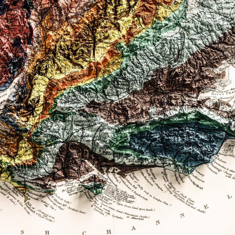 England And Wales Map, Geology :Shaded relief map – flat print (not a 3D raised map)