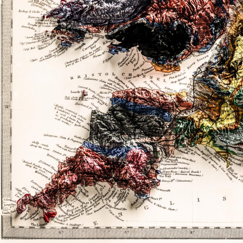 England And Wales Map, Geology :Shaded relief map – flat print (not a 3D raised map)