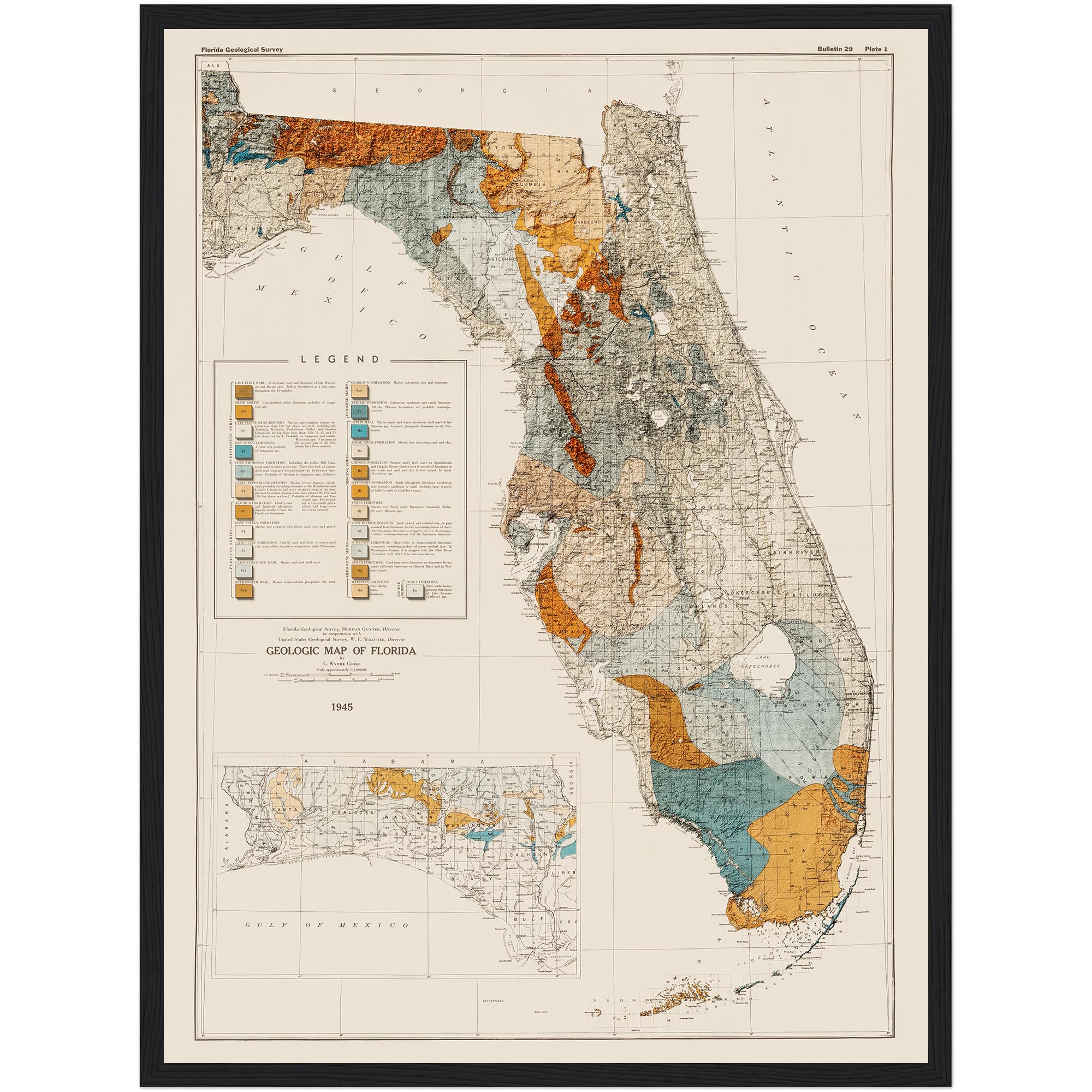 Florida Map 1945, Geology :Shaded relief map – flat print (not a 3D raised map)