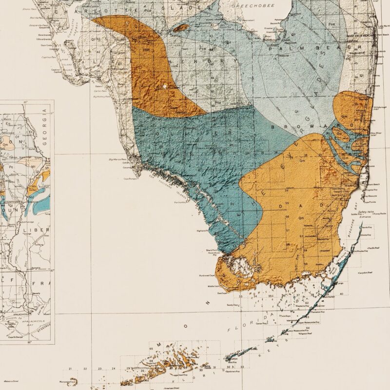 Florida Map 1945, Geology :Shaded relief map – flat print (not a 3D raised map)