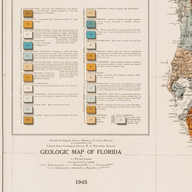 Florida Map 1945, Geology :Shaded relief map – flat print (not a 3D raised map)