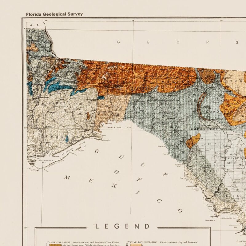 Florida Map 1945, Geology :Shaded relief map – flat print (not a 3D raised map)