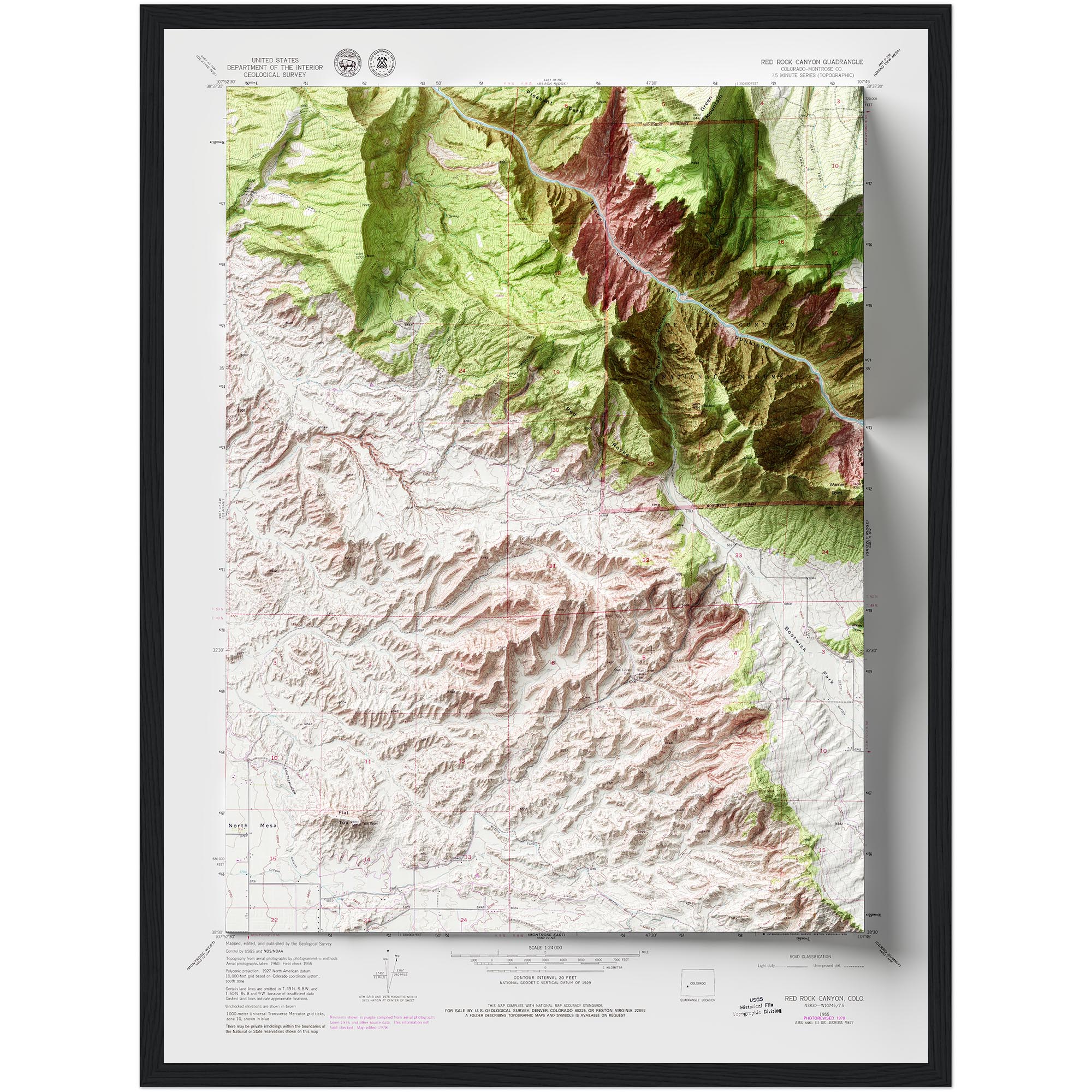Red Rock Canyon Map 1955, Topography :Shaded relief map – flat print (not a 3D raised map)