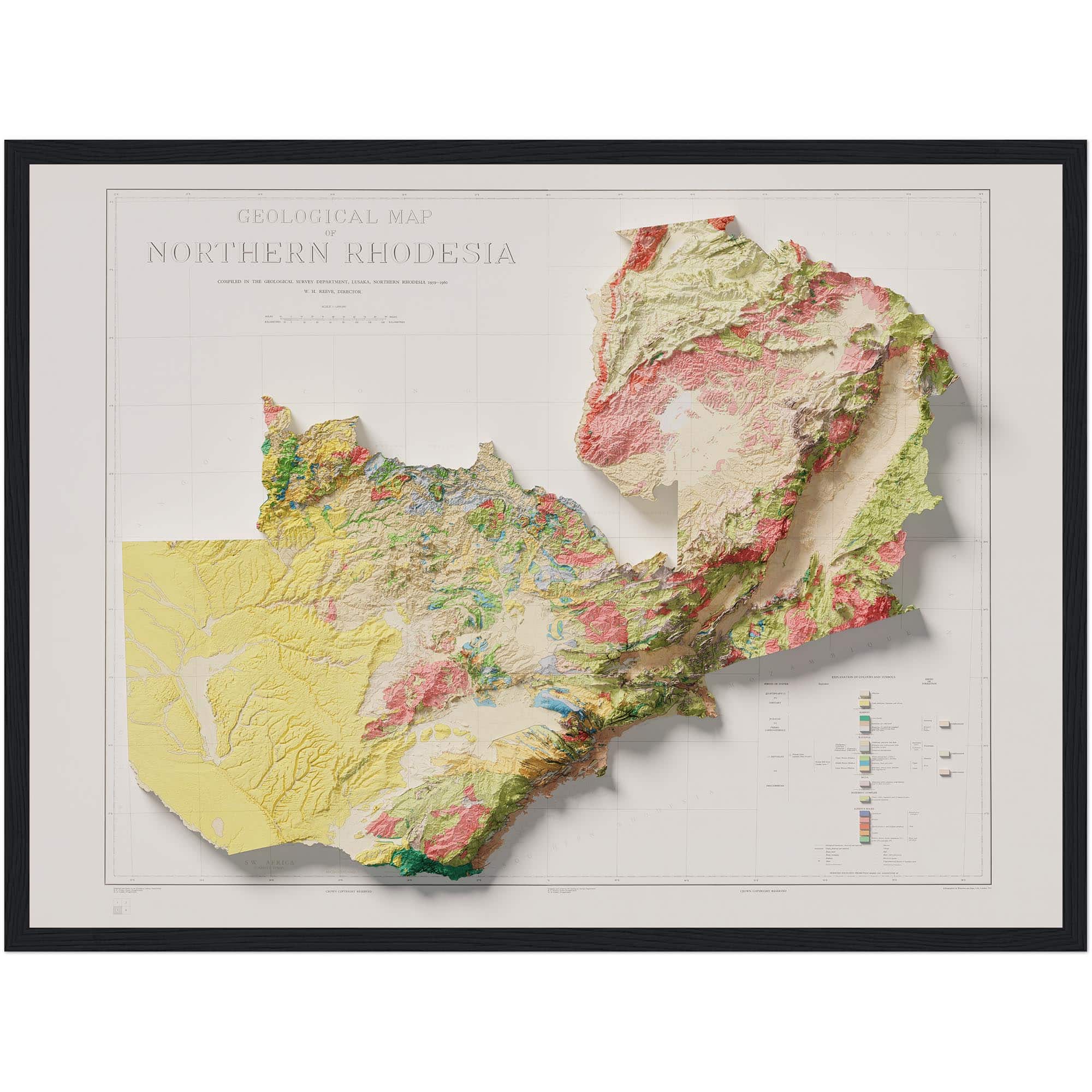 Zambia Map 1961, Geology :Shaded relief map – flat print (not a 3D raised map)
