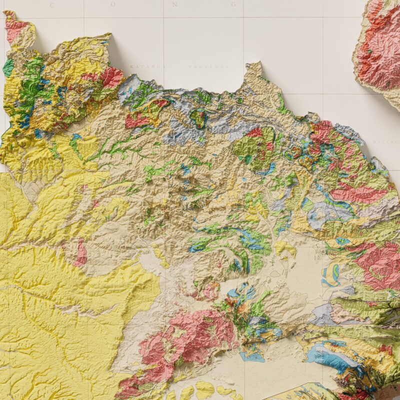 Zambia Map 1961, Geology :Shaded relief map – flat print (not a 3D raised map)