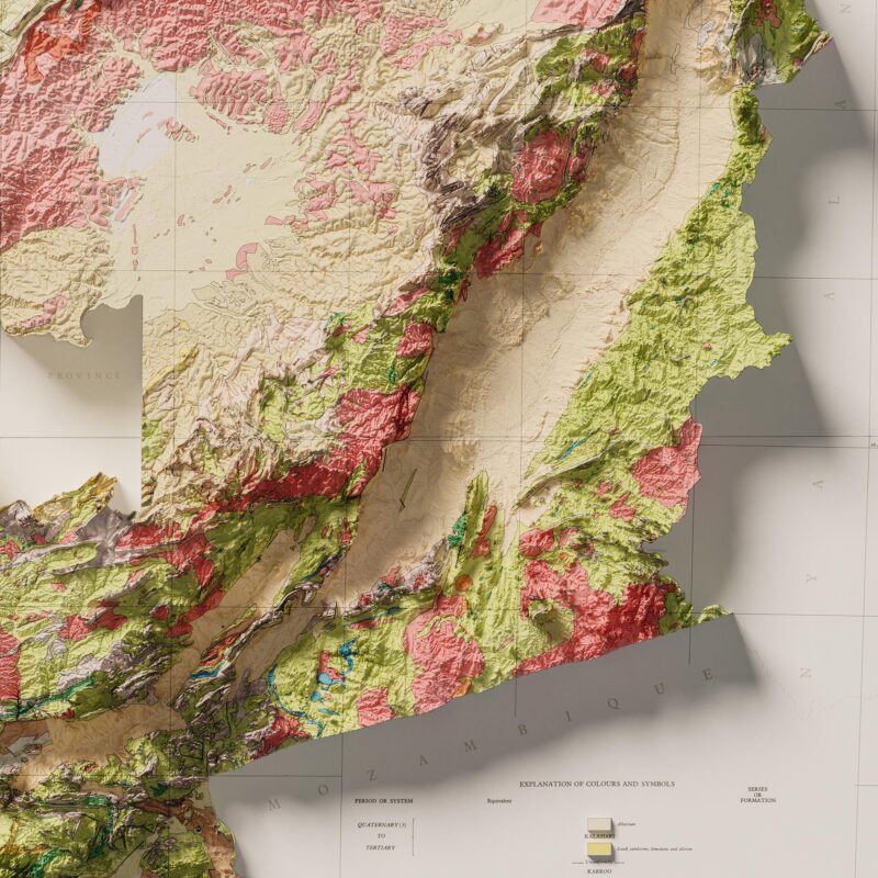Zambia Map 1961, Geology :Shaded relief map – flat print (not a 3D raised map)
