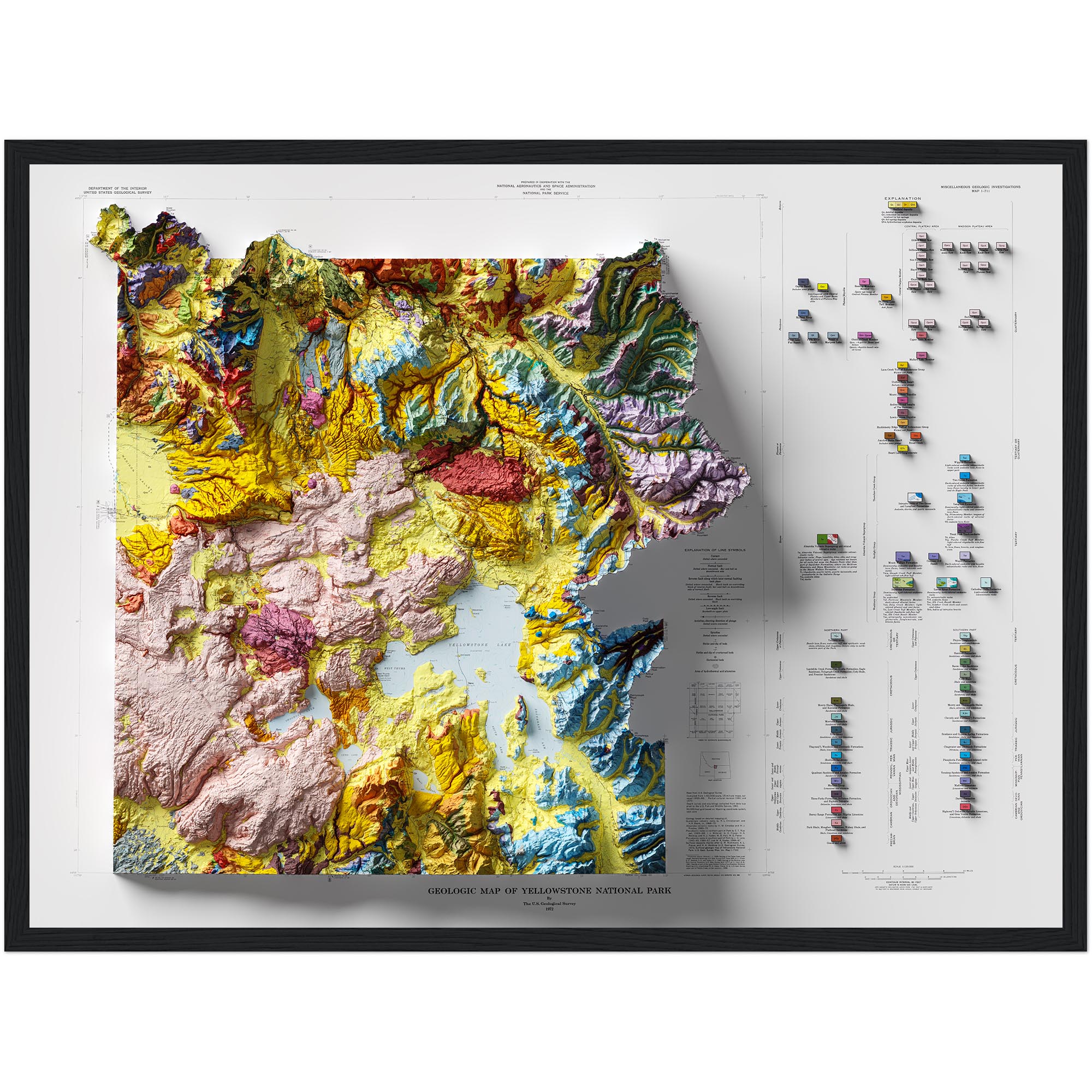 Yellowstone Map 1972, Geology :Shaded relief map – flat print (not a 3D raised map)