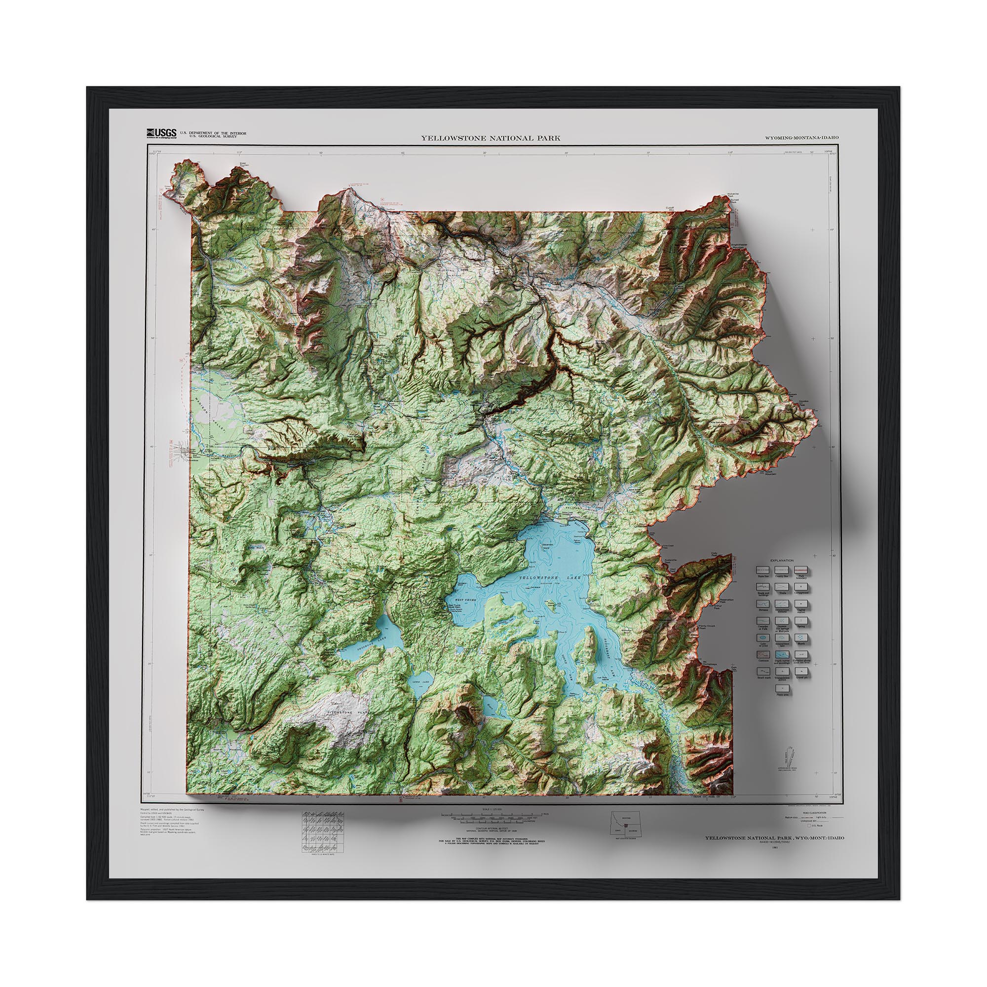 Yellowstone Topographic Map 1961 :Shaded relief map – flat print (not a 3D raised map)
