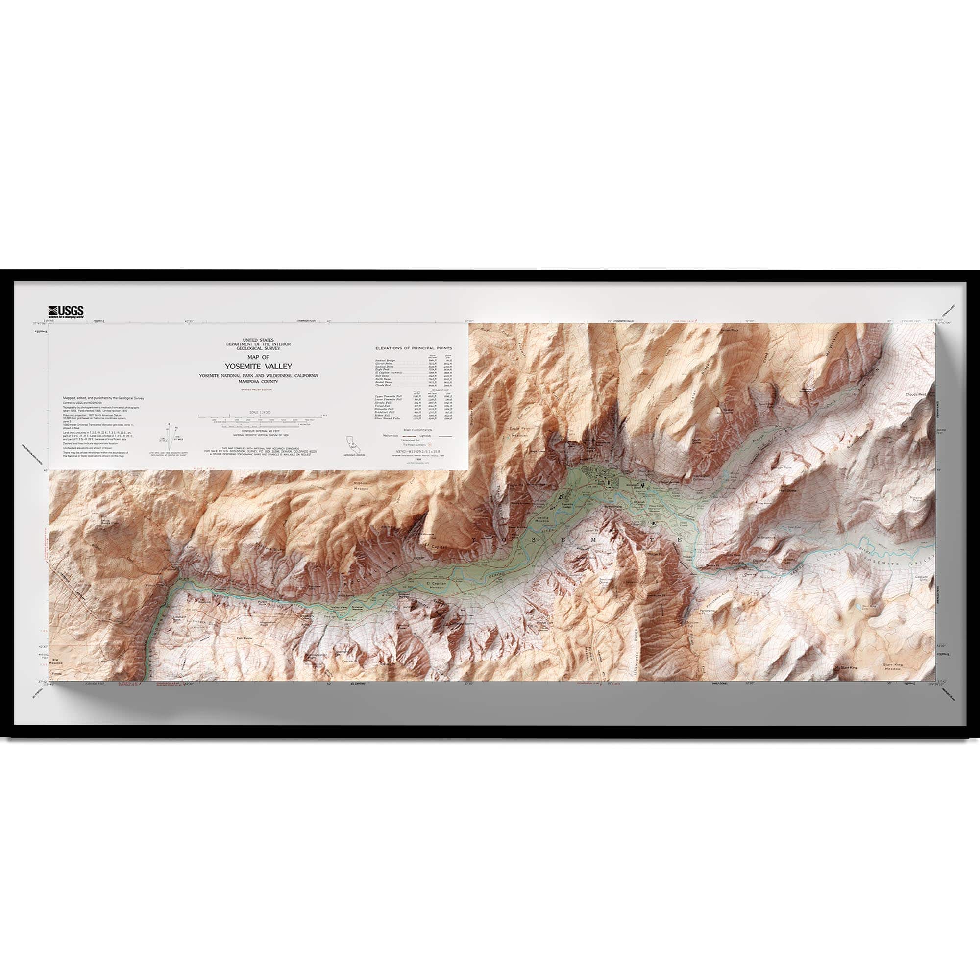 Yosemite Valley Map, Topography :Shaded relief map – flat print (not a 3D raised map)