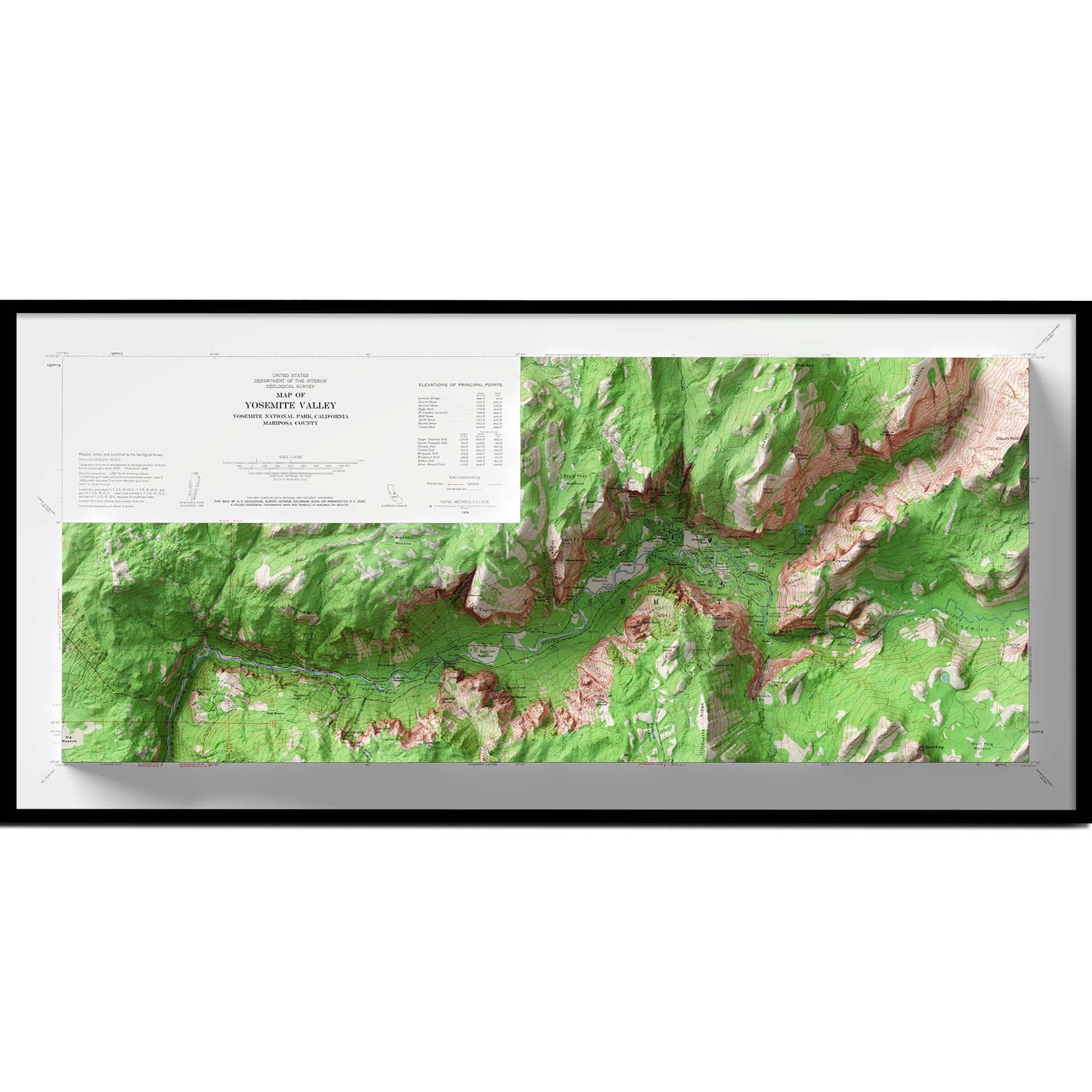 Topographic Map of Yosemite Valley 1958 :Shaded relief map – flat print (not a 3D raised map)