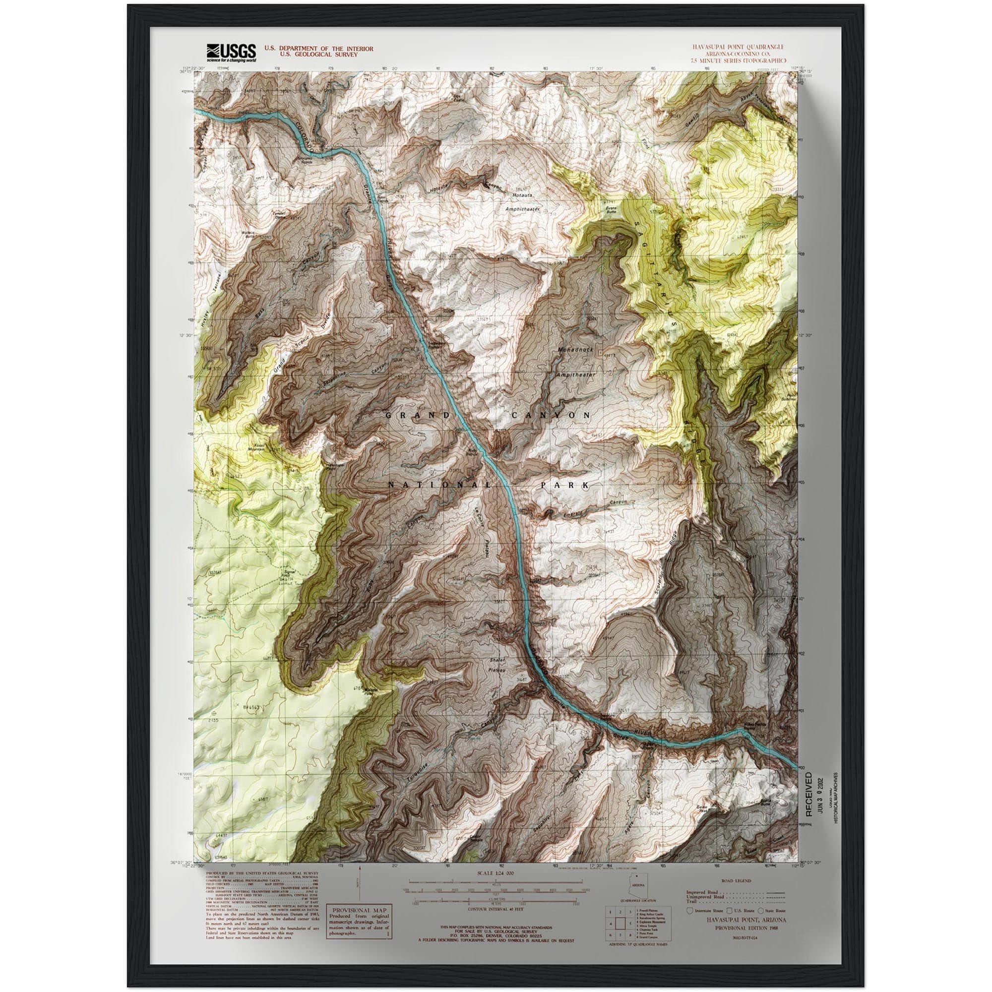Havasupai Point - Grand Canyon National Park Map 1988 :Shaded relief map – flat print (not a 3D raised map)