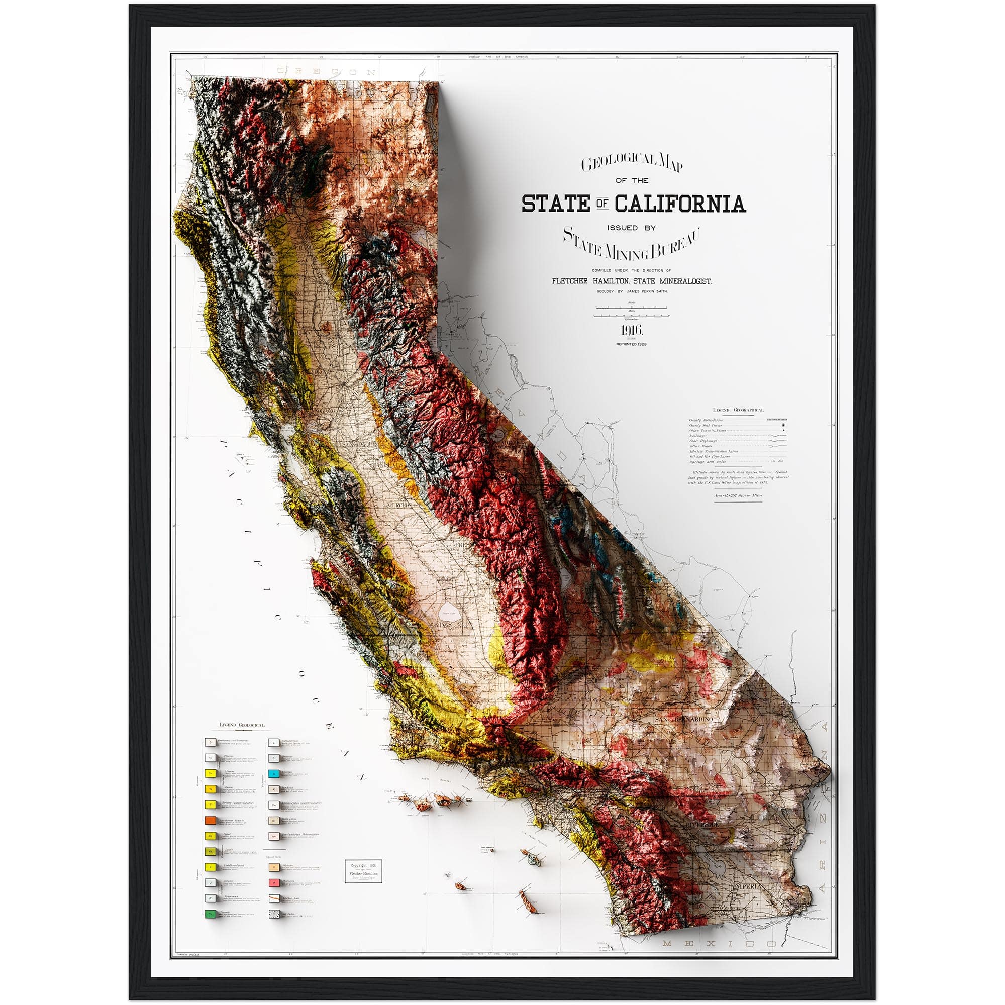 California Map1916, Geology :Shaded relief map – flat print (not a 3D raised map)