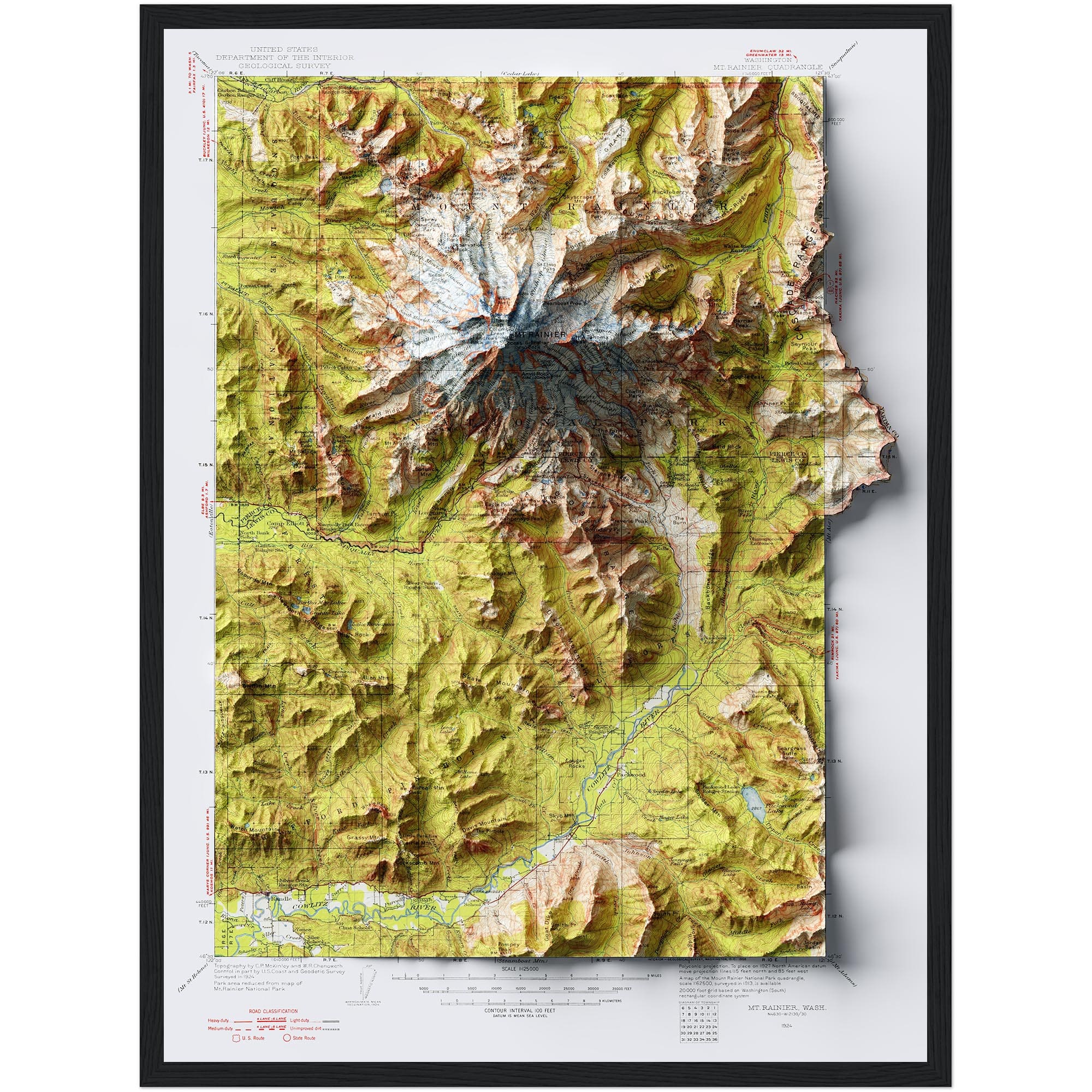 Mount Rainier Map 1924 :Shaded relief map – flat print (not a 3D raised map)