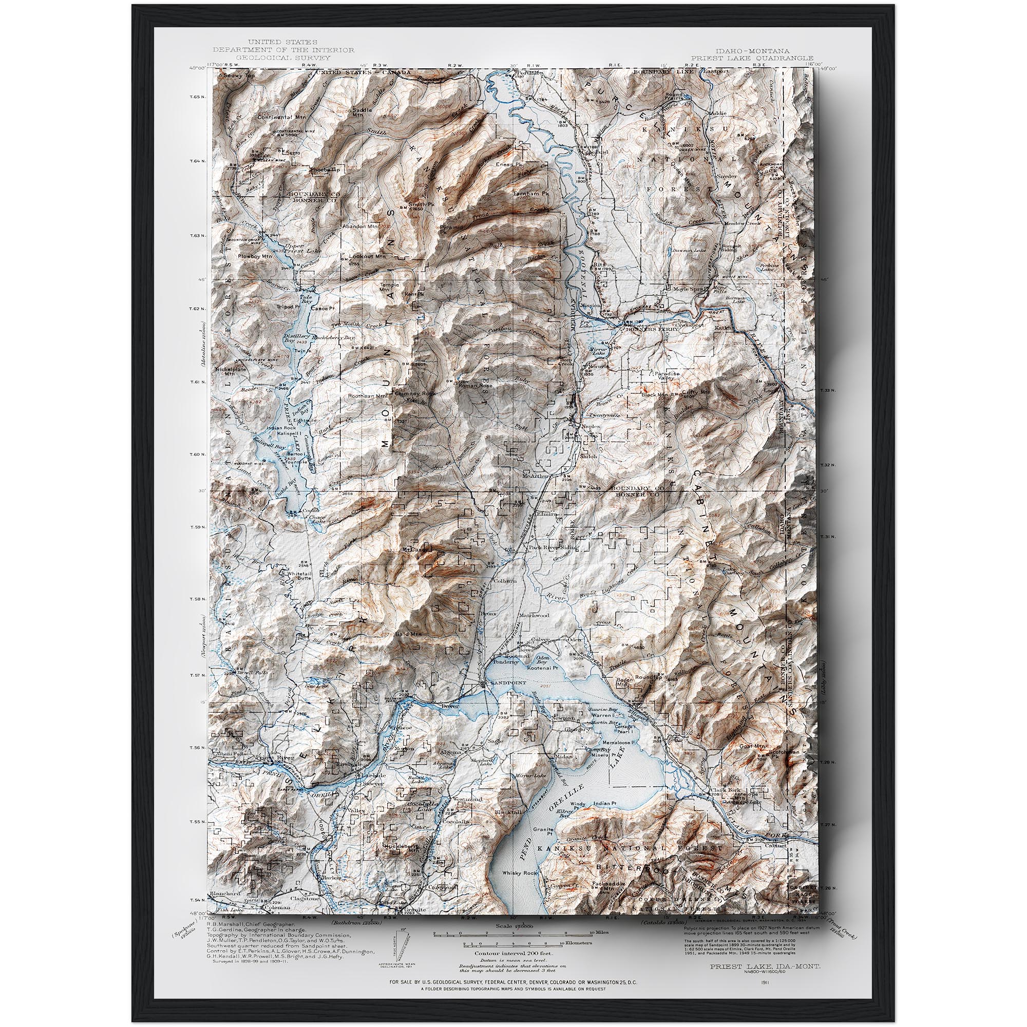 Priest Lake Map 1911, Topography :Shaded relief map – flat print (not a 3D raised map)