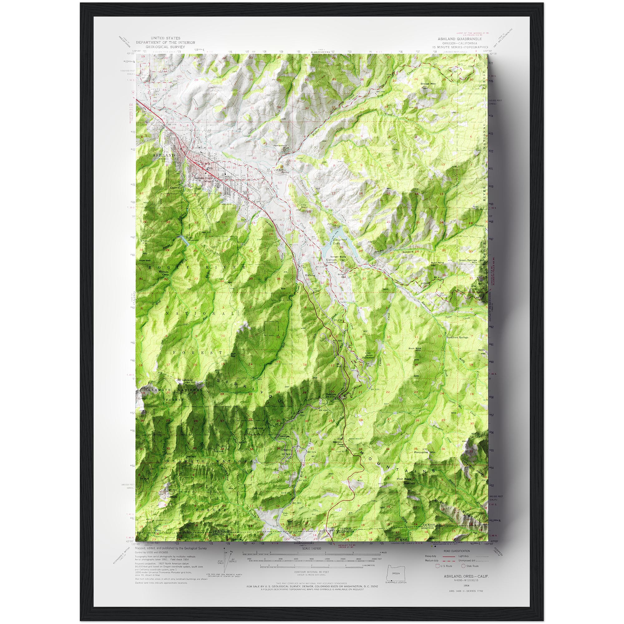 Ashland Map 1954, Topography :Shaded relief map – flat print (not a 3D raised map)