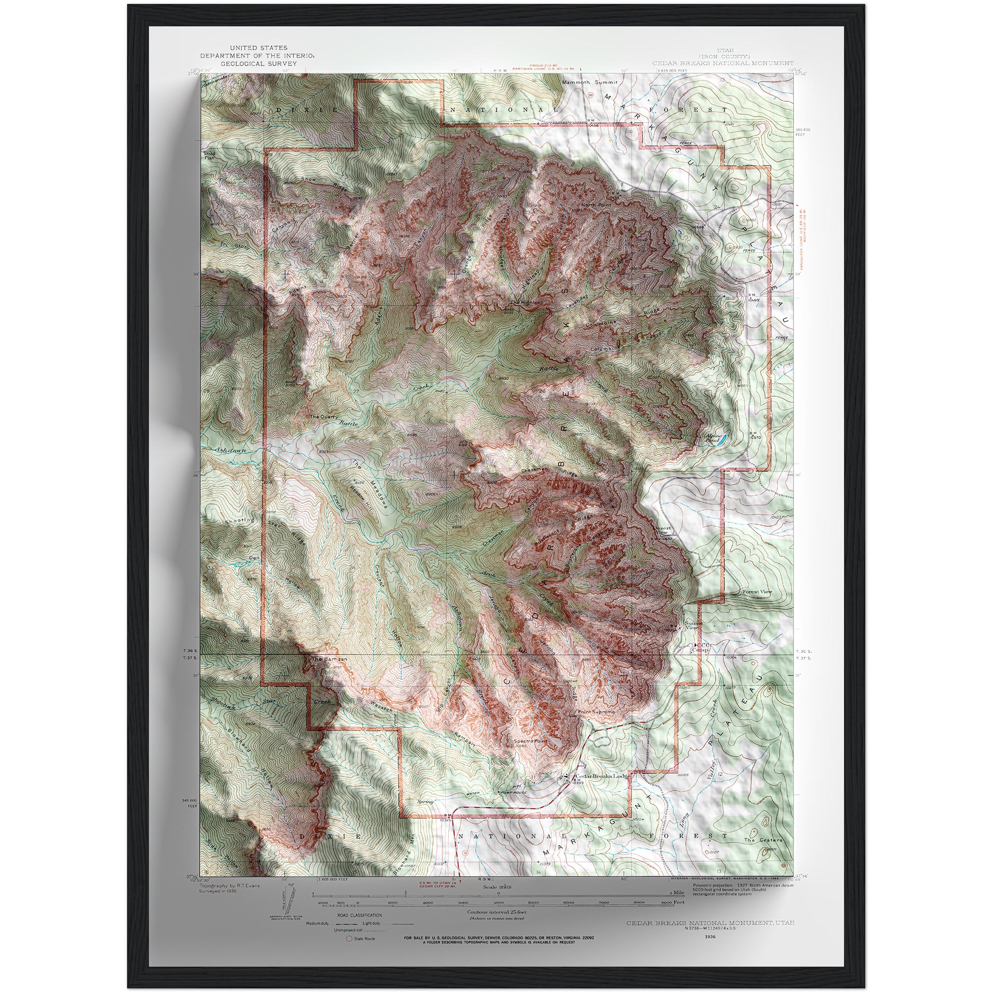 Cedar Breaks National Monument Map 1936 :Shaded relief map – flat print (not a 3D raised map)
