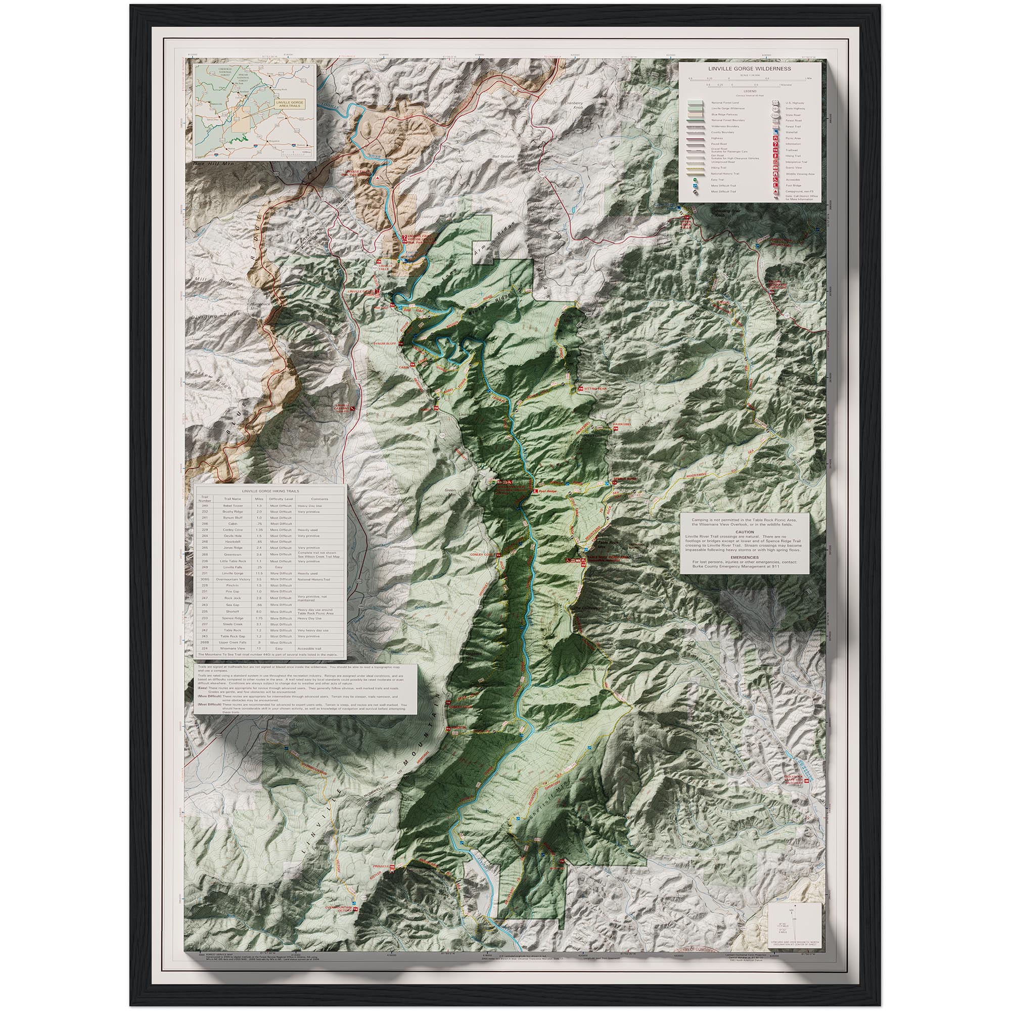 Linville Gorge Wilderness Map, Topographic :Shaded relief map – flat print (not a 3D raised map)