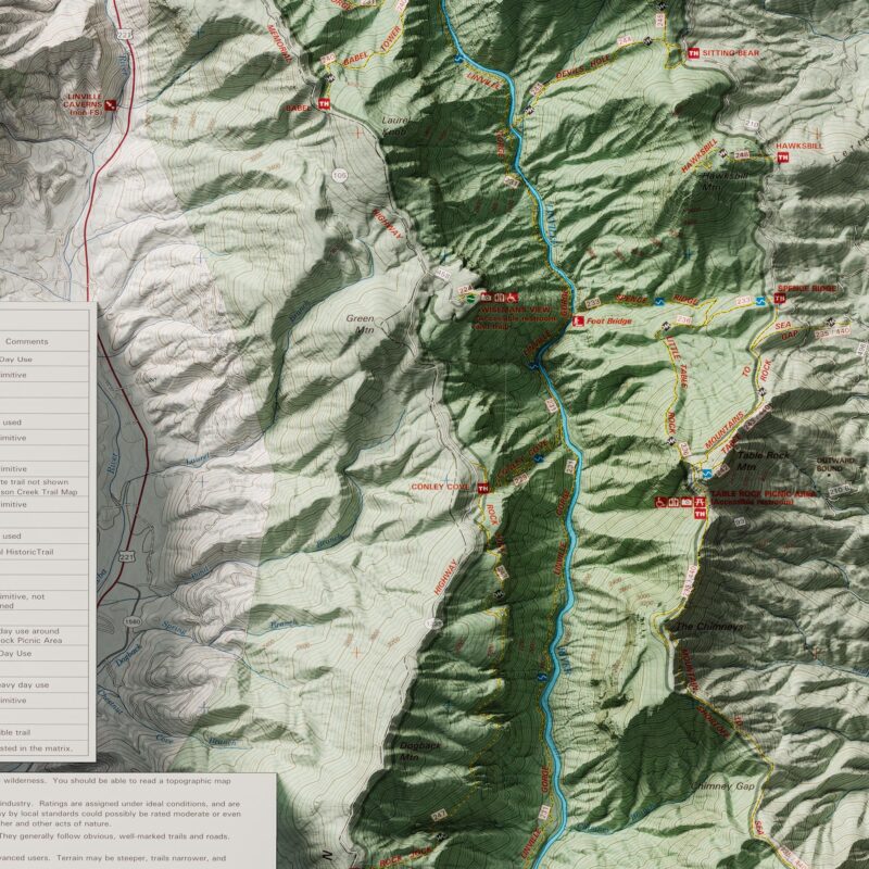 Linville Gorge Wilderness Map, Topographic :Shaded relief map – flat print (not a 3D raised map)