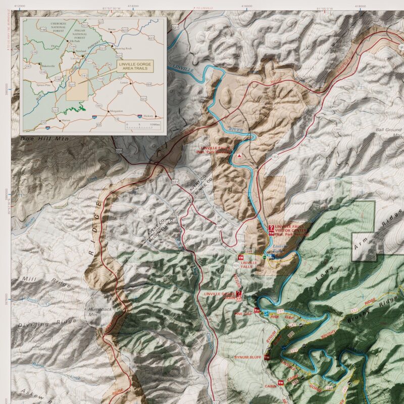 Linville Gorge Wilderness Map, Topographic :Shaded relief map – flat print (not a 3D raised map)