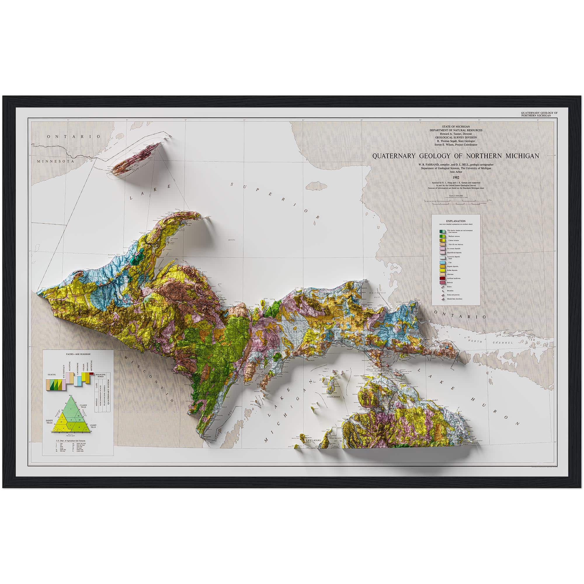 Northern Peninsula Of Michigan Map, Geology :Shaded relief map – flat print (not a 3D raised map)