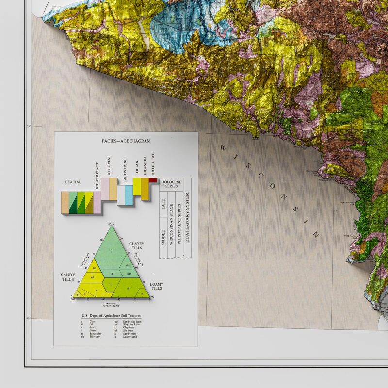 Northern Peninsula Of Michigan Map, Geology :Shaded relief map – flat print (not a 3D raised map)