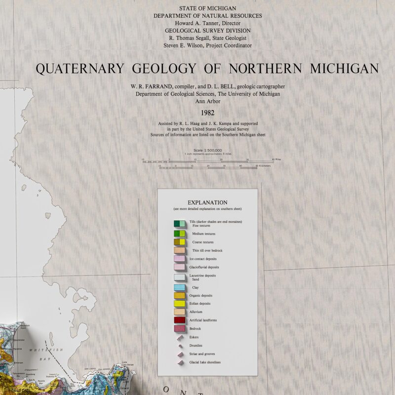 Northern Peninsula Of Michigan Map, Geology :Shaded relief map – flat print (not a 3D raised map)