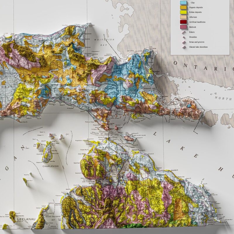 Northern Peninsula Of Michigan Map, Geology :Shaded relief map – flat print (not a 3D raised map)