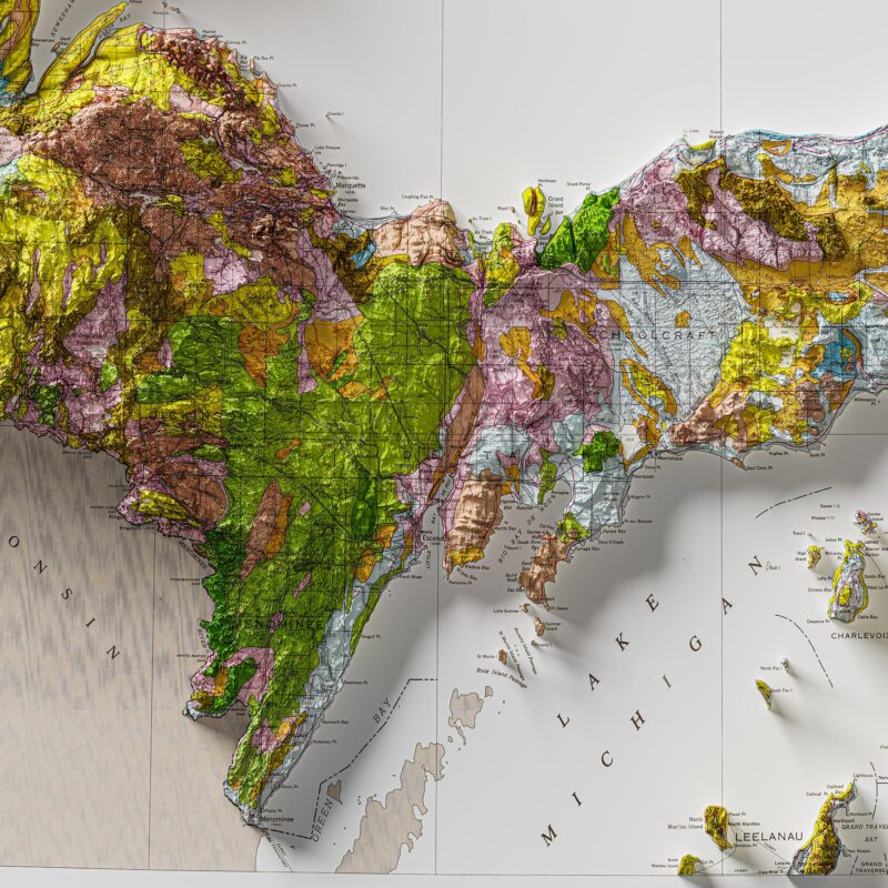 Northern Peninsula Of Michigan Map, Geology :Shaded relief map – flat print (not a 3D raised map)