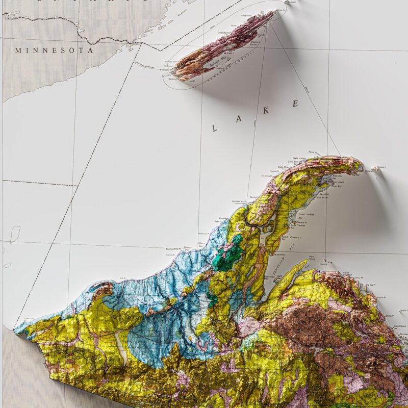 Northern Peninsula Of Michigan Map, Geology :Shaded relief map – flat print (not a 3D raised map)