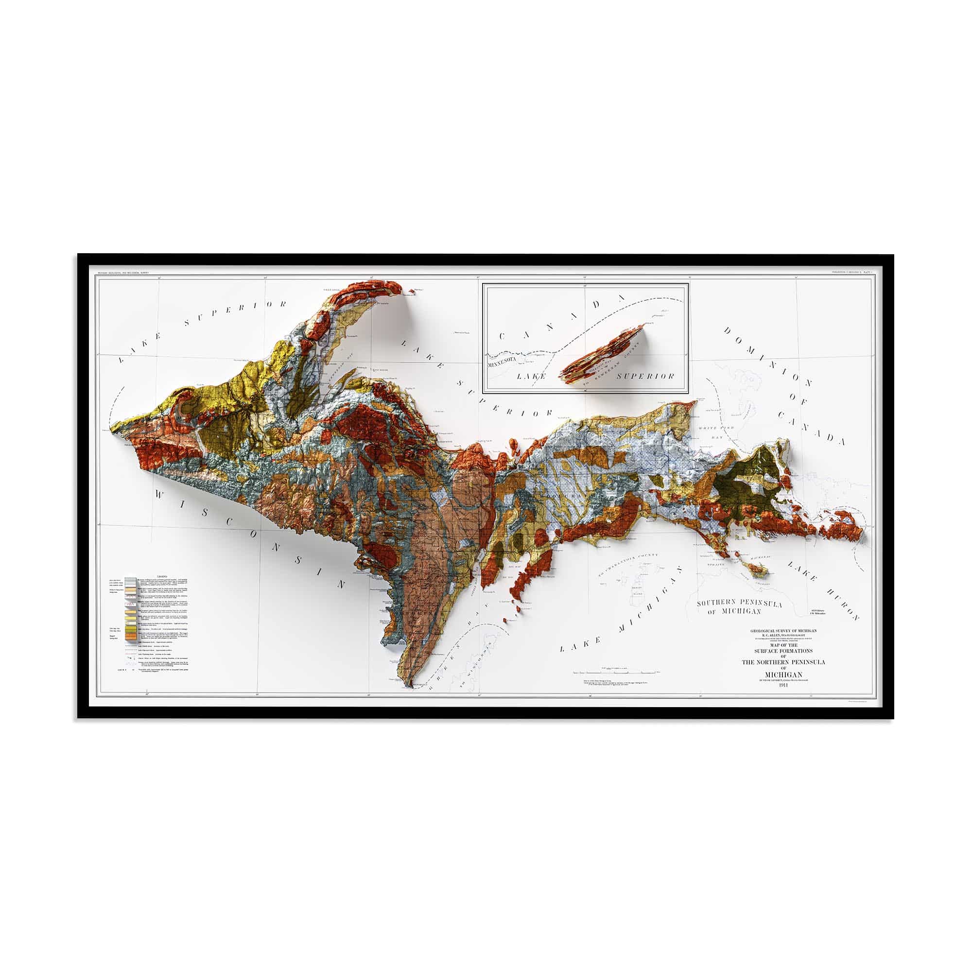Upper Peninsula of Michigan Map 1911 :Shaded relief map – flat print (not a 3D raised map)