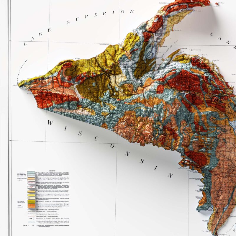 Upper Peninsula of Michigan Map 1911 :Shaded relief map – flat print (not a 3D raised map)