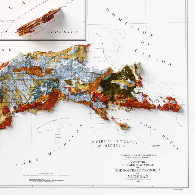 Upper Peninsula of Michigan Map 1911 :Shaded relief map – flat print (not a 3D raised map)
